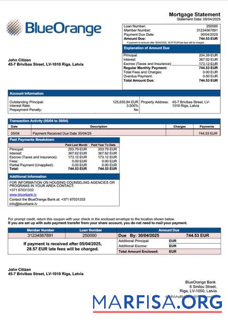 Realistic Latvia BlueOrange Bank mortgage statement Word and PDF template